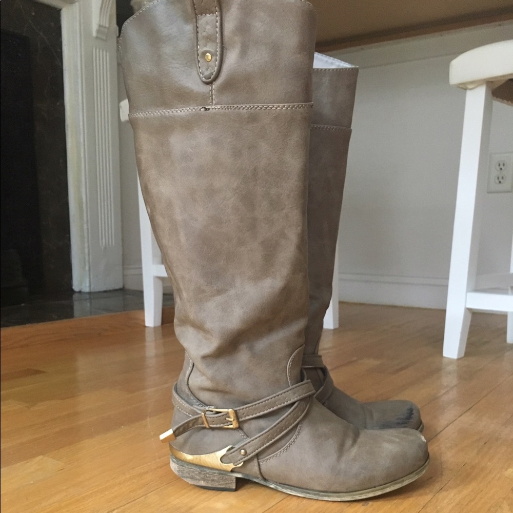 Taupe riding boots with gold hardware