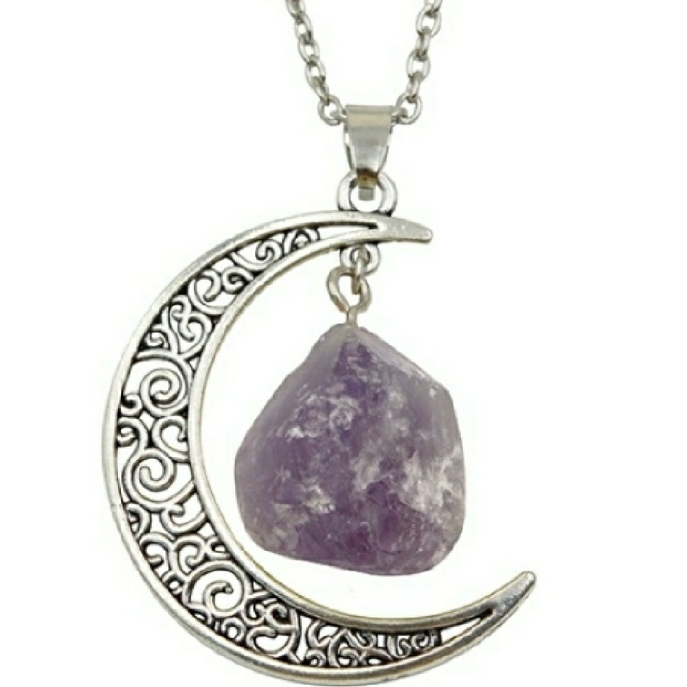 Silver moon, amethyst stone pendant