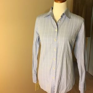 J Crew button down, light blue subtle plaid.