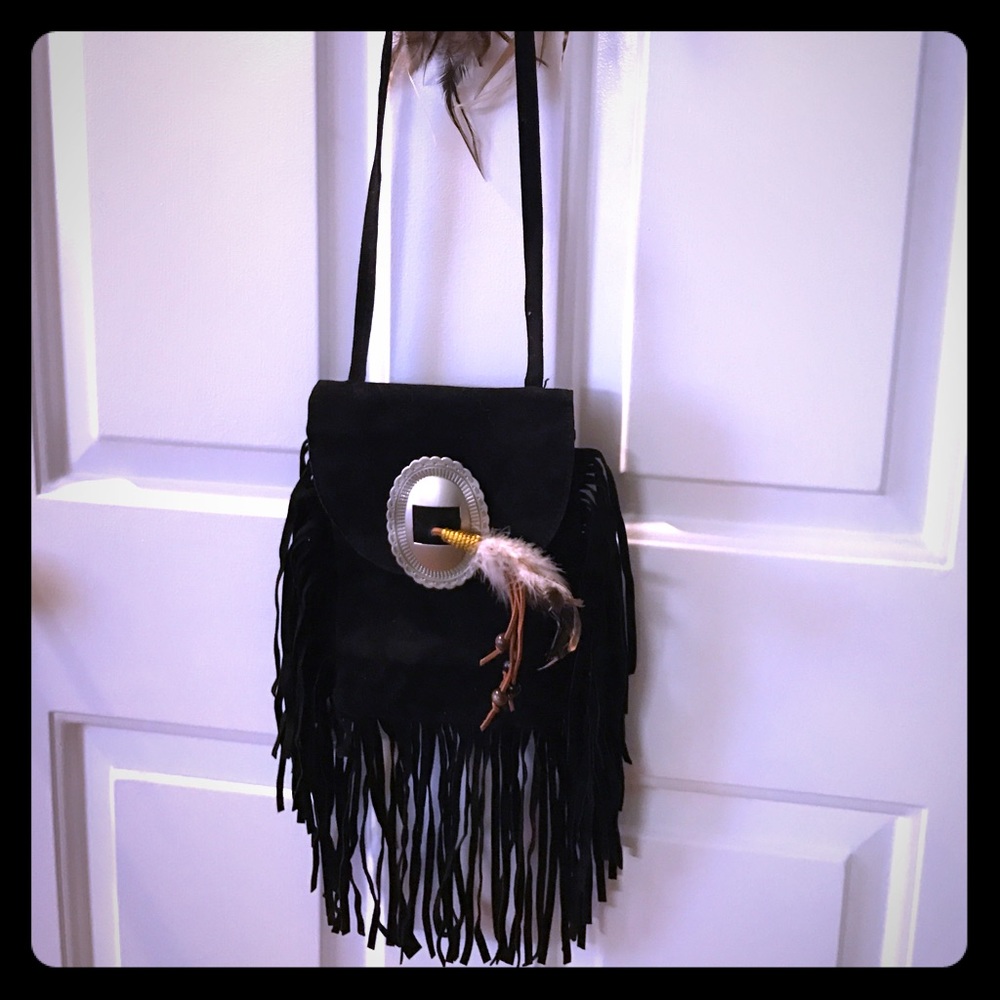 Boho fringe feather cross bag new black