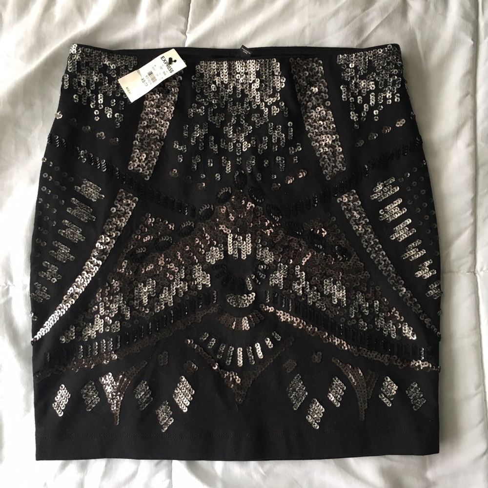 NWT black cotton Express sequin skirt, size xs
