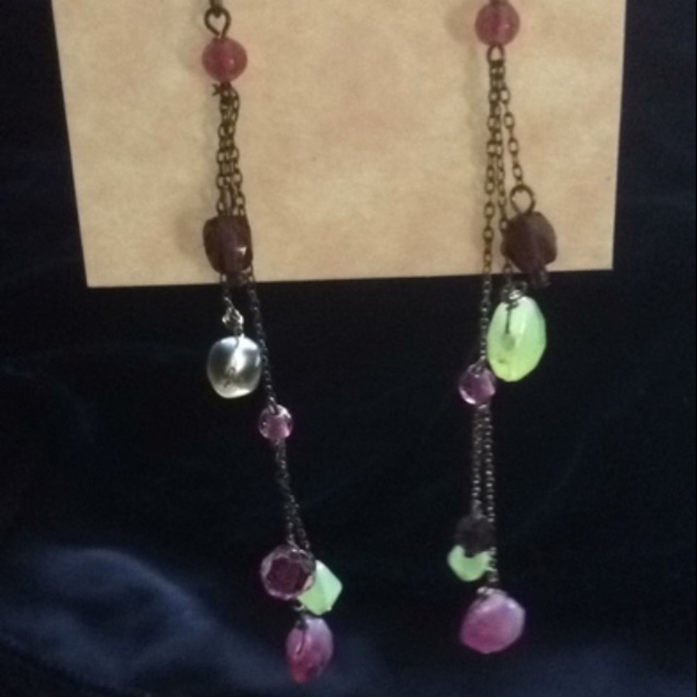 Beaded Dangle Earrings green pink purple 5"