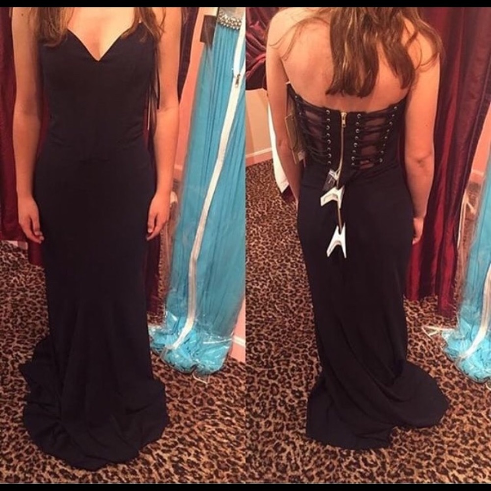 Navy Blue Strapless Prom Dress
