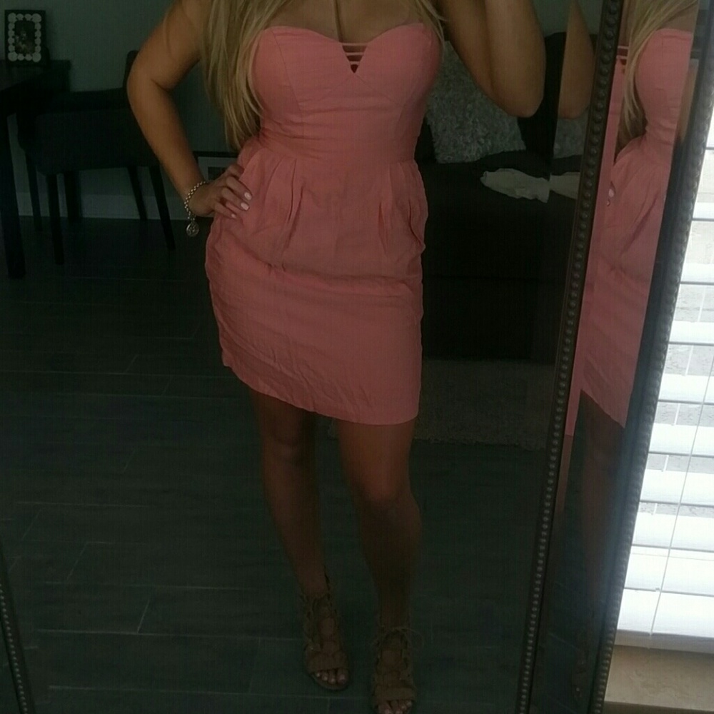 Bcbg peach strapless midi dress