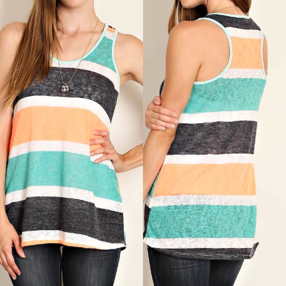 Solid teal & orange stripe tank top