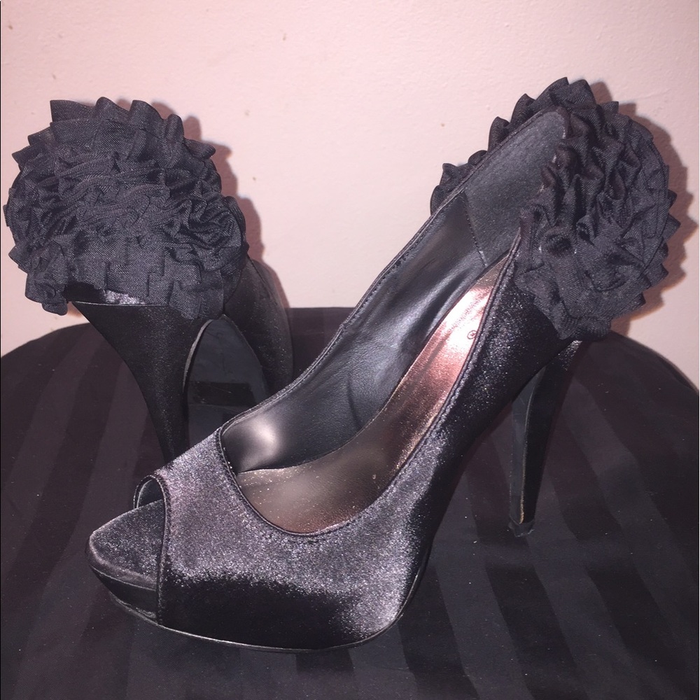 Satin Ruffle Peep Toe Stilettos