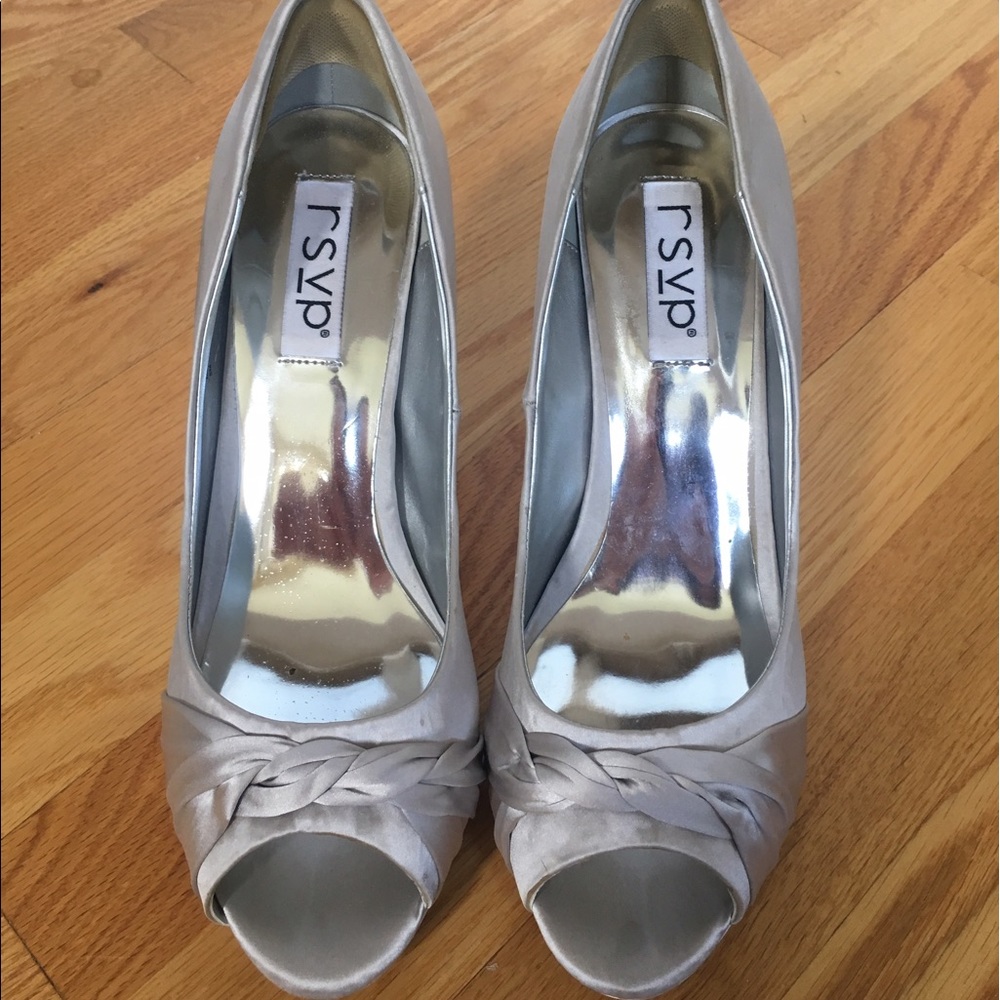 RSVP silver satin peep toe pumps