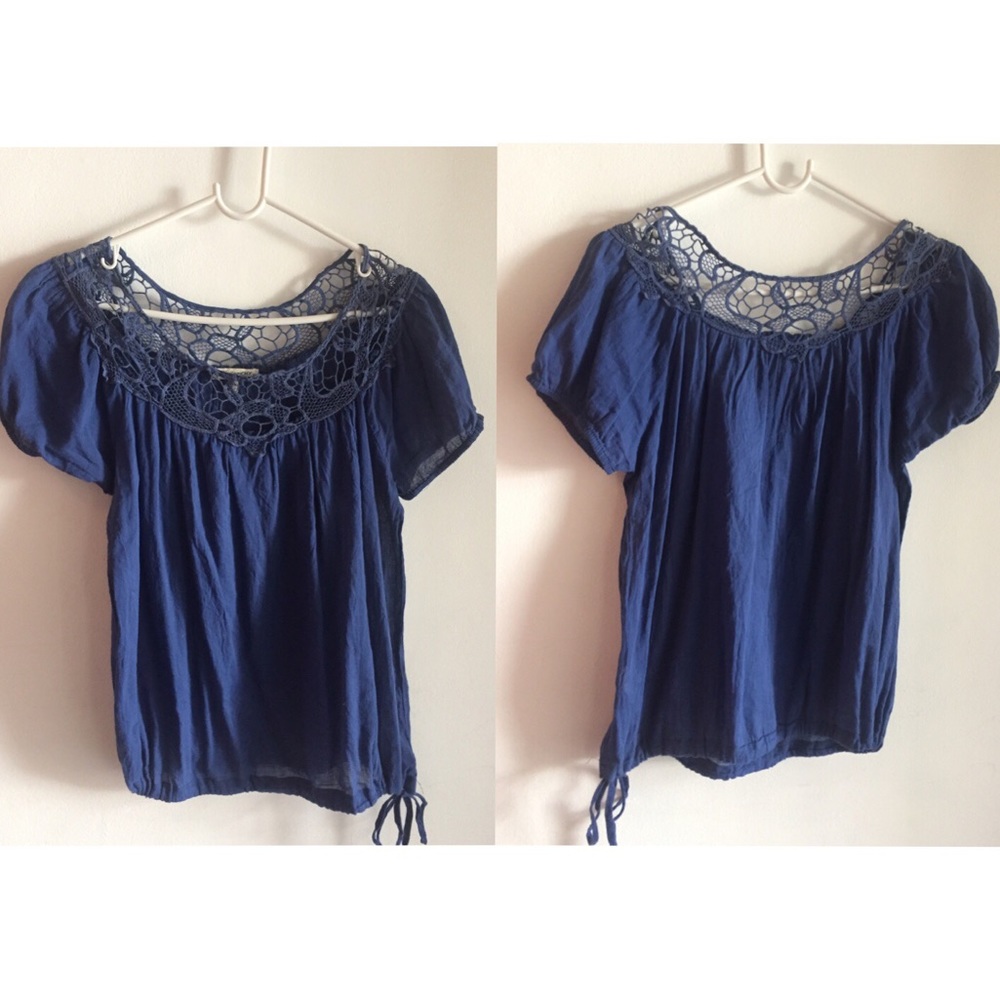 blue crochet neckline blouse