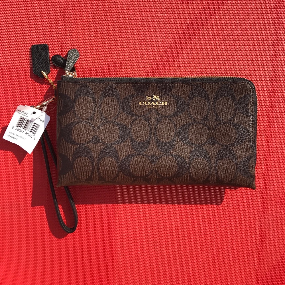 COACH BLACK & BROWN SIGNATURE DOUBLE ZIP WALLET CC