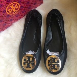 Tory Burch Reva black flats gold TB logo ballerina