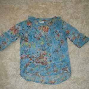 Blue Floral V Neck Blouse