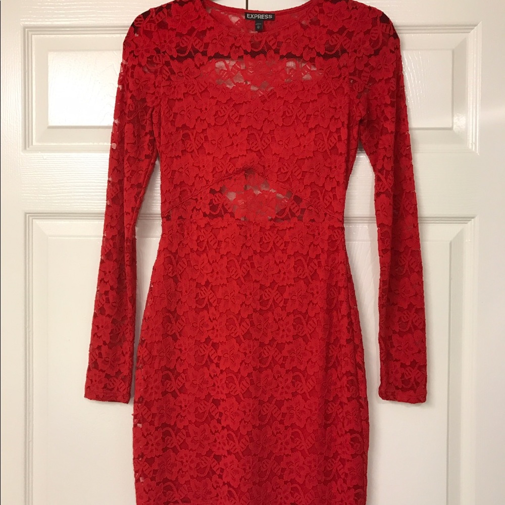 Red lace open back dress - Express