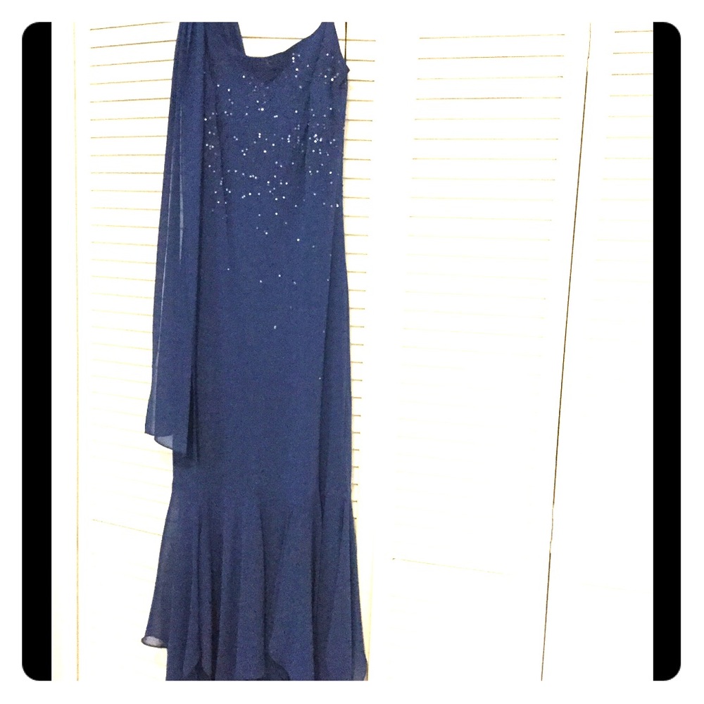Blue beaded dress with shawl