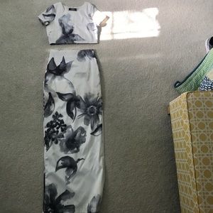 Black and white floral, two piece prom dress
