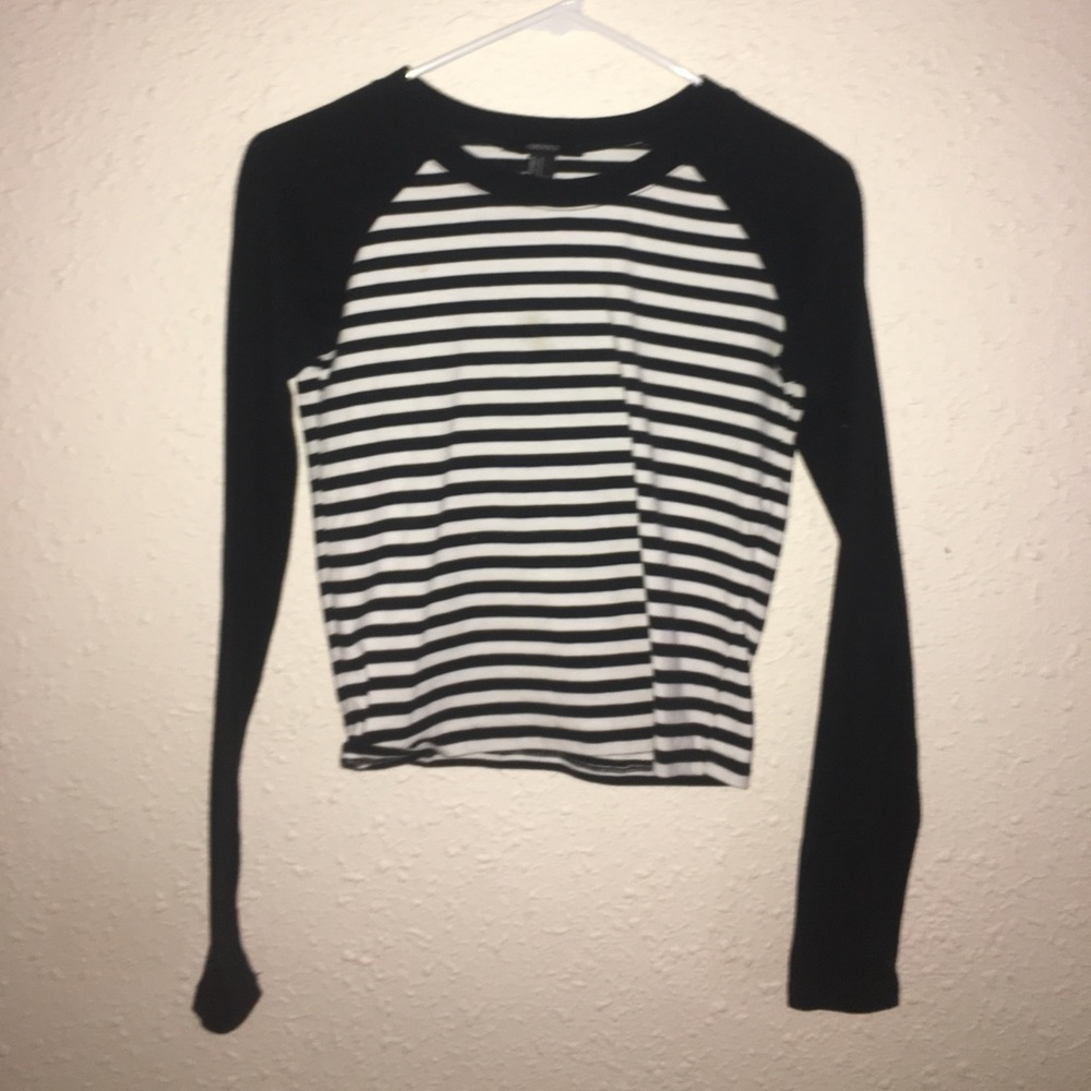 Black and Cream Striped Long Sleeve Crop Top