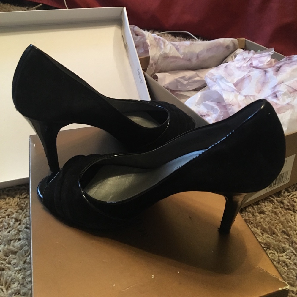 Audrey brook open toe black suede pumps