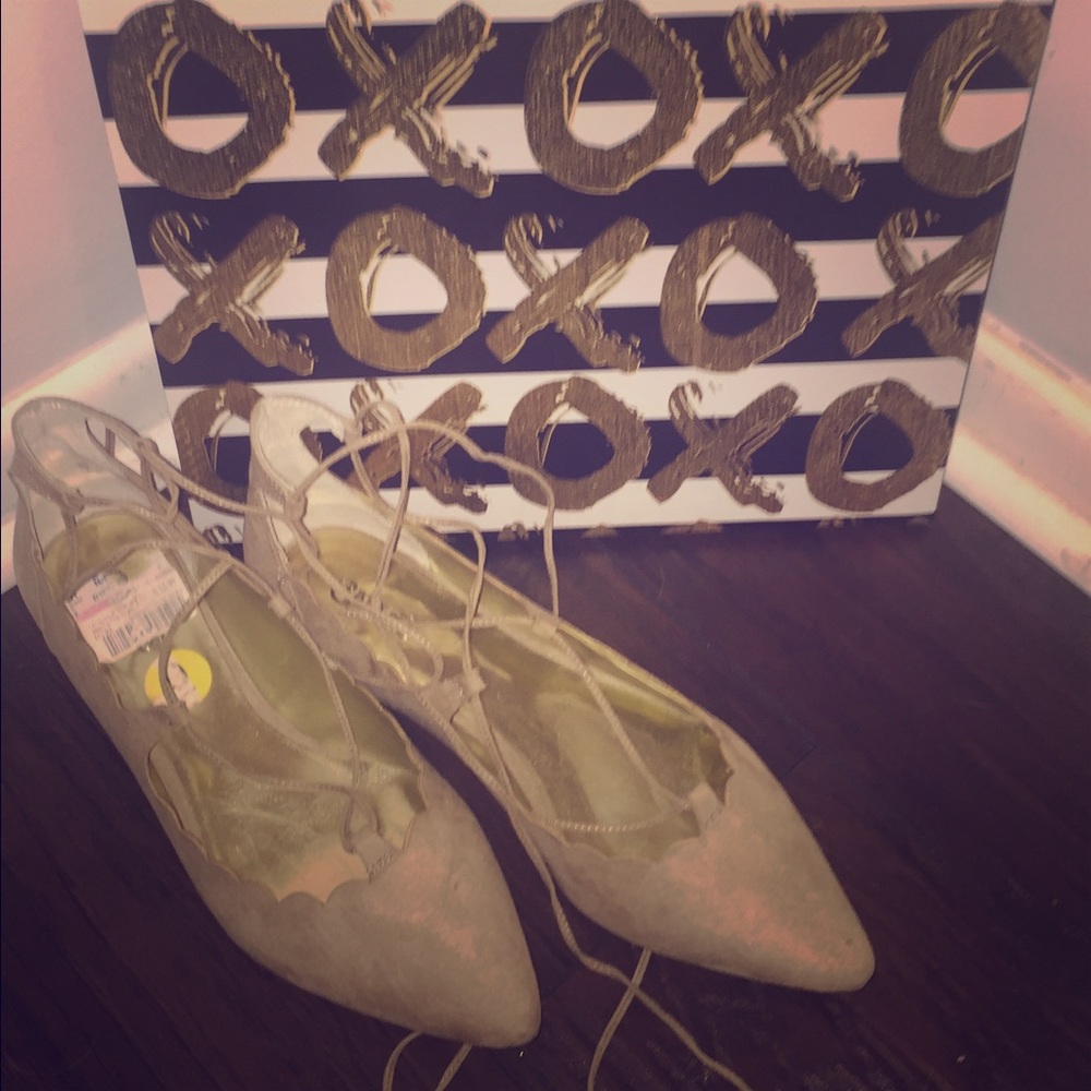 Nude Pointed-Toe Lace Up  Ballet Flats