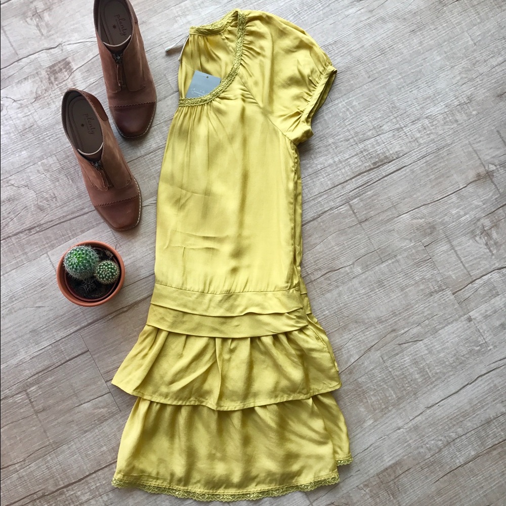 Maeve Mustard Tiered Ruffle Short Sleeve Dress
