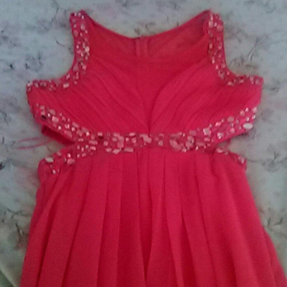 Long Coral sheer sweetheart neckline prom dress