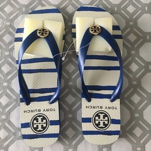 Tory Burch striped flip flops. NEW, NEVER WORN