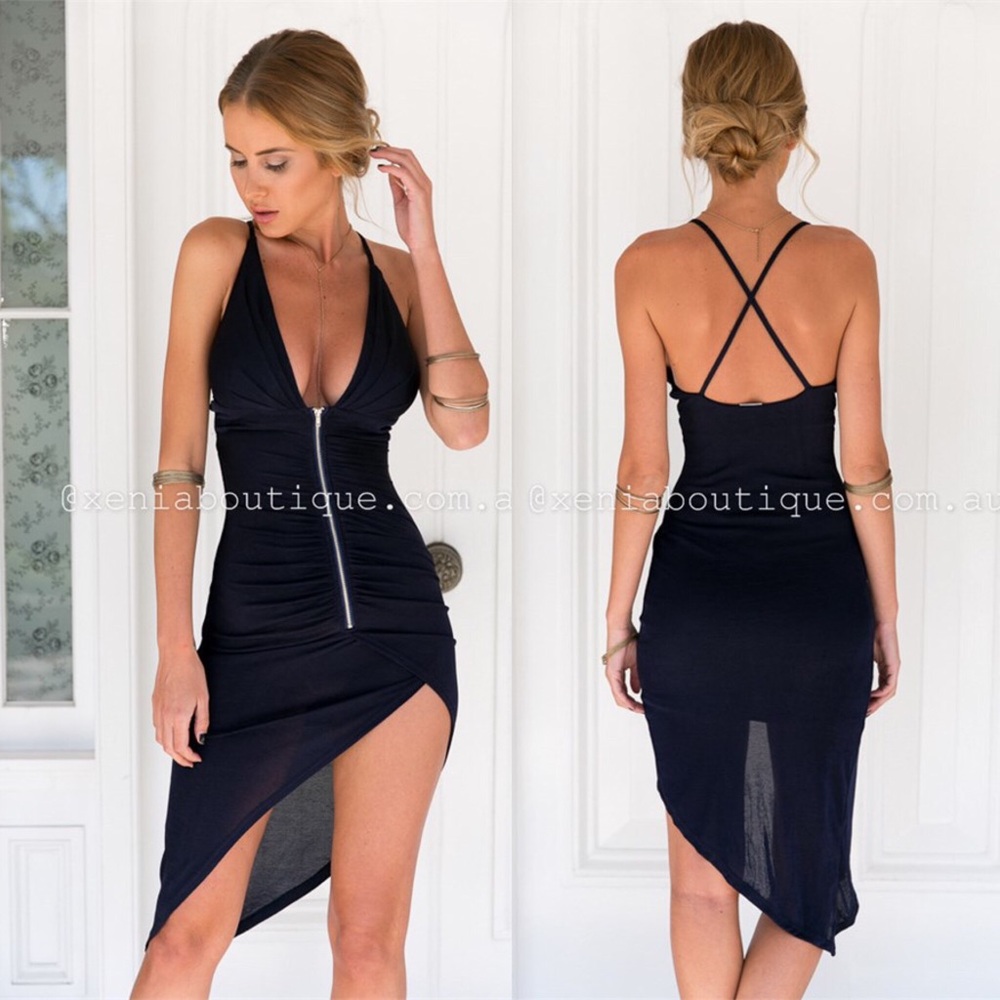 Xenia boutique asymmetrical navy zipper dress