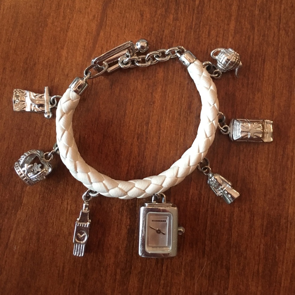 Kids White Leather Burberry Charm Bracelet