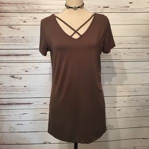 Army Green Stretch Strappy Cross Front V Neck Tee