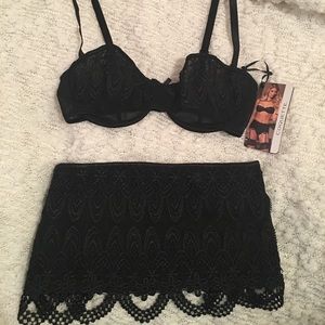 Black lace lingerie bra and skirt