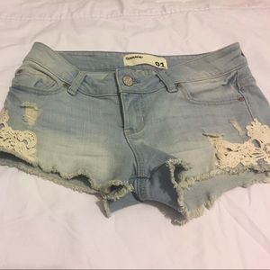 Garage-Light denim with lace design shorts