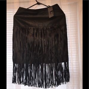 Black faux leather fringe skirt