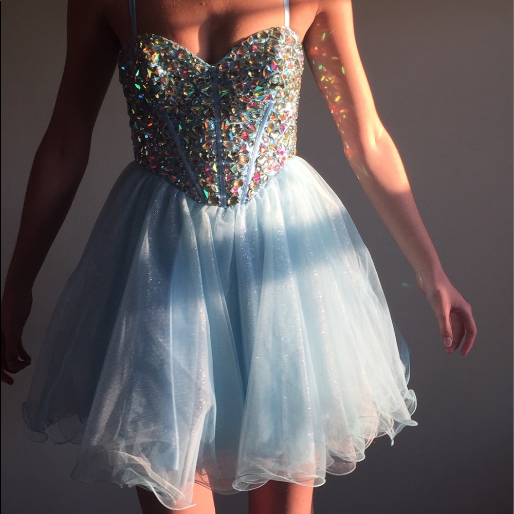 Light blue, sparkly, & beaded prom dress