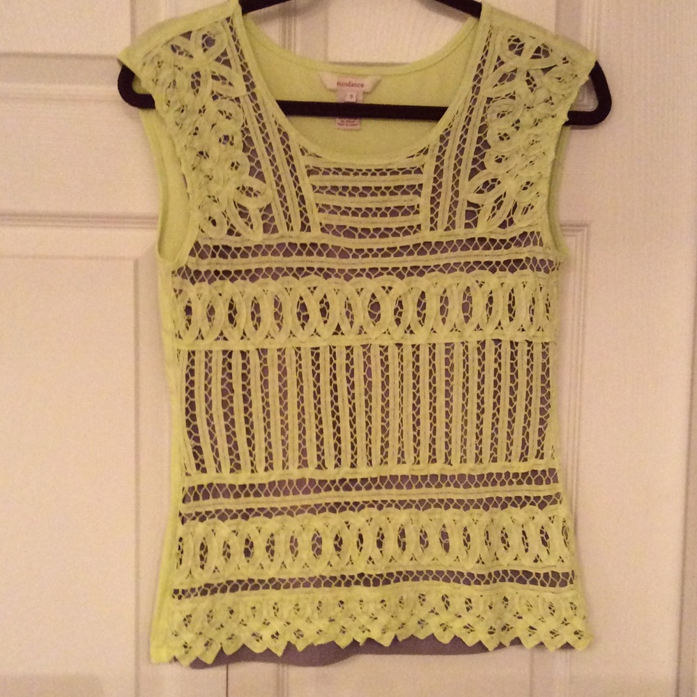 Vibrant yellow lace over mocha illusion top