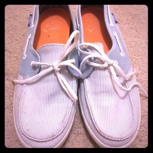 Vans blue and white striped slide on sneaks