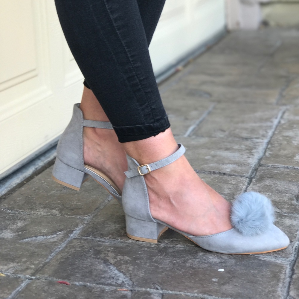 Pom Pom Puff Ball Block Chunky Heel - Picture 2 of 6