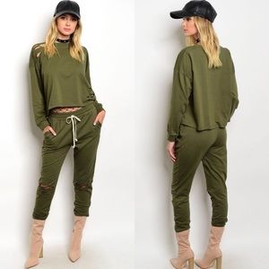 olive green jogging suit