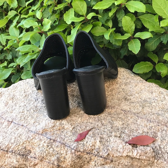 Black Peep Toe Perforated Chunky Heel Mule - Picture 4 of 5