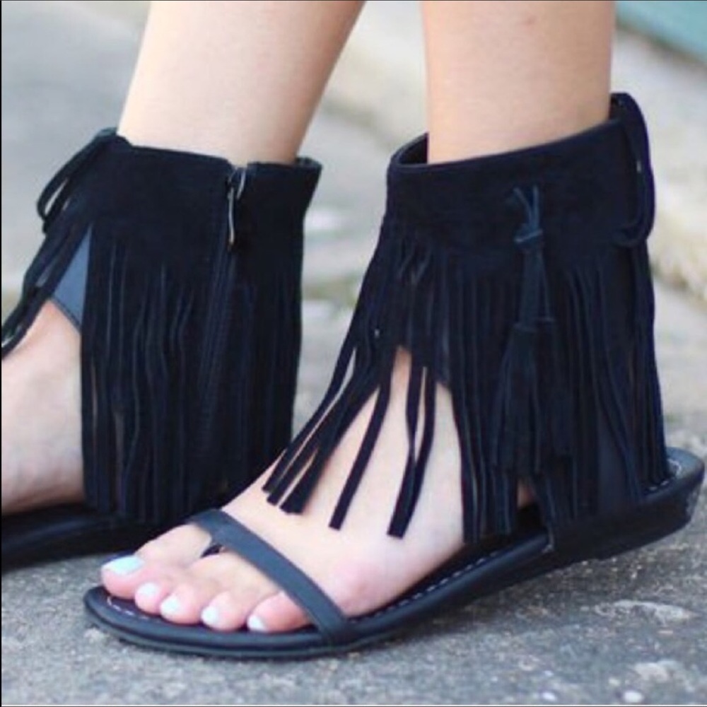 Black Cascading Fringe Tassel Boho Chic Sandals