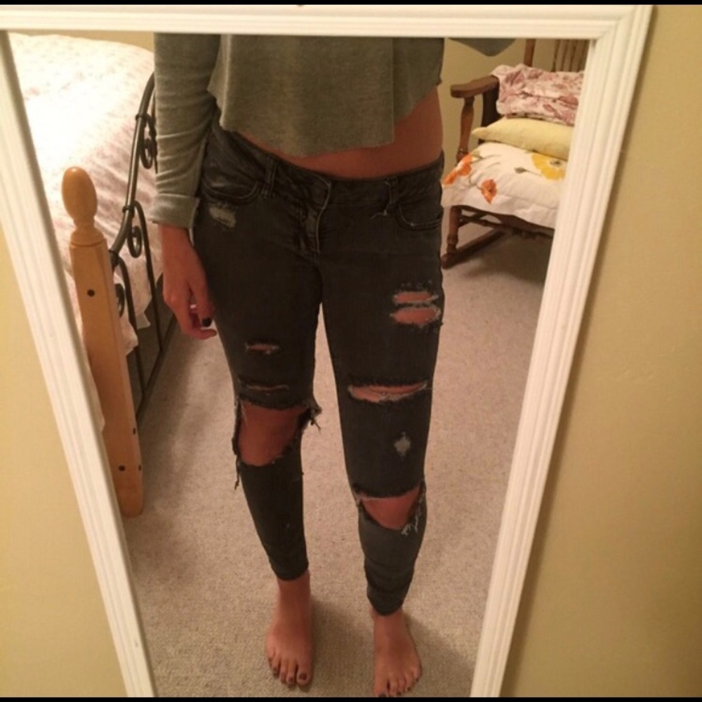 destroyed dark grey jeans