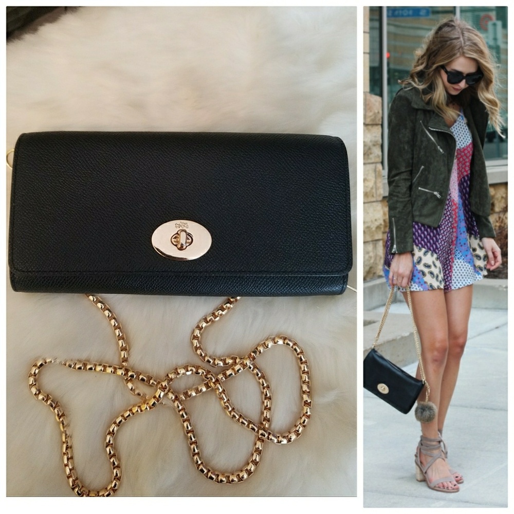 NWOT Coach Black Textured Leather chain Wallet