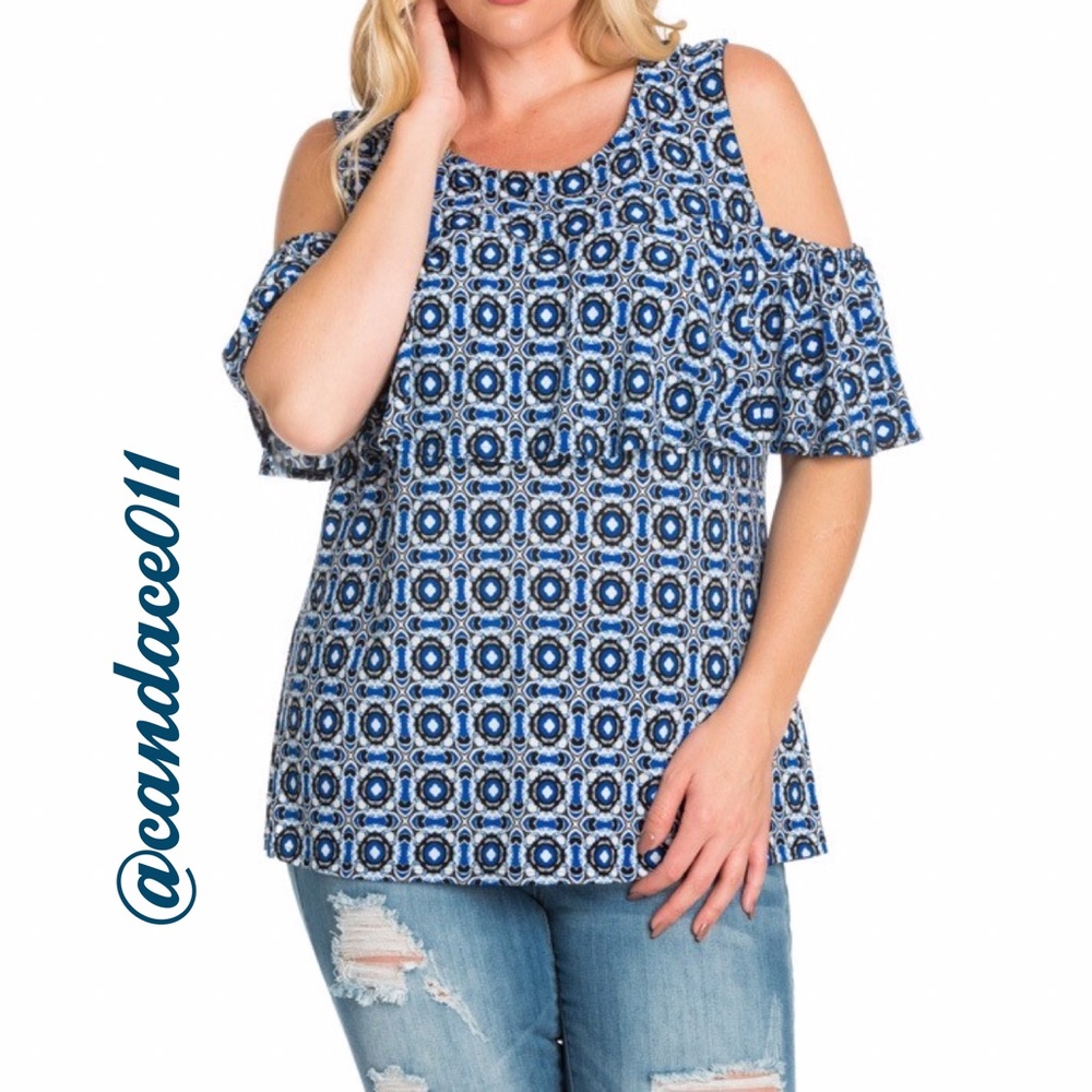 ⭐️LAST ONE⭐️ Blue & White Cold Shoulder Ruffle Top - Picture 5 of 8