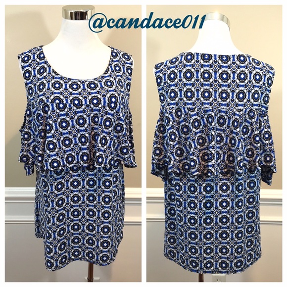 ⭐️LAST ONE⭐️ Blue & White Cold Shoulder Ruffle Top - Picture 2 of 8