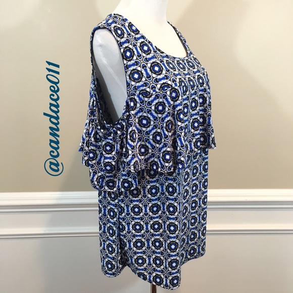 ⭐️LAST ONE⭐️ Blue & White Cold Shoulder Ruffle Top - Picture 3 of 8