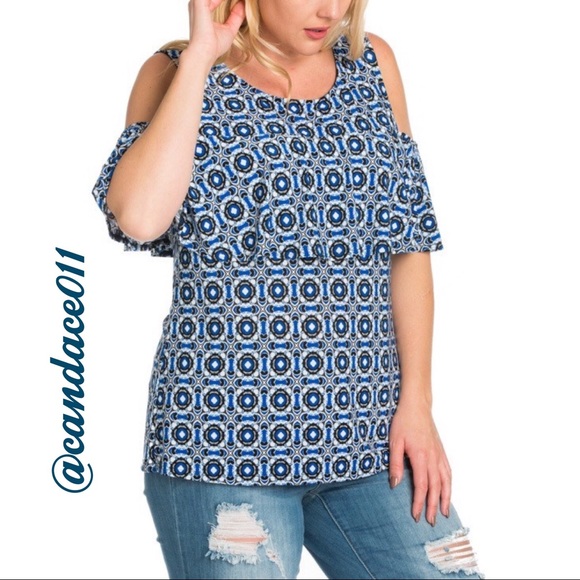 ⭐️LAST ONE⭐️ Blue & White Cold Shoulder Ruffle Top - Picture 4 of 8