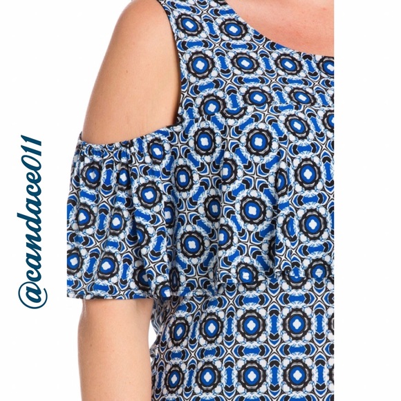 ⭐️LAST ONE⭐️ Blue & White Cold Shoulder Ruffle Top - Picture 6 of 8