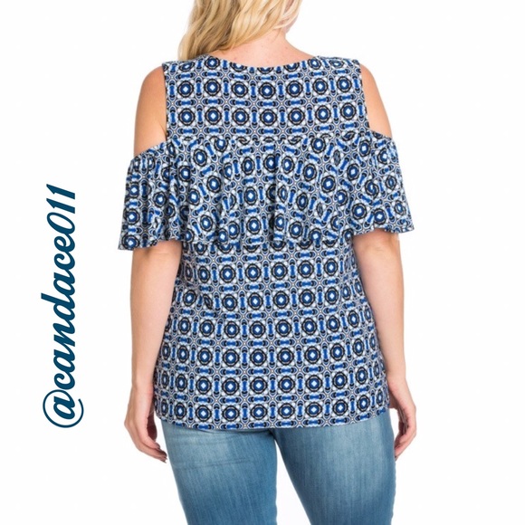 ⭐️LAST ONE⭐️ Blue & White Cold Shoulder Ruffle Top - Picture 7 of 8