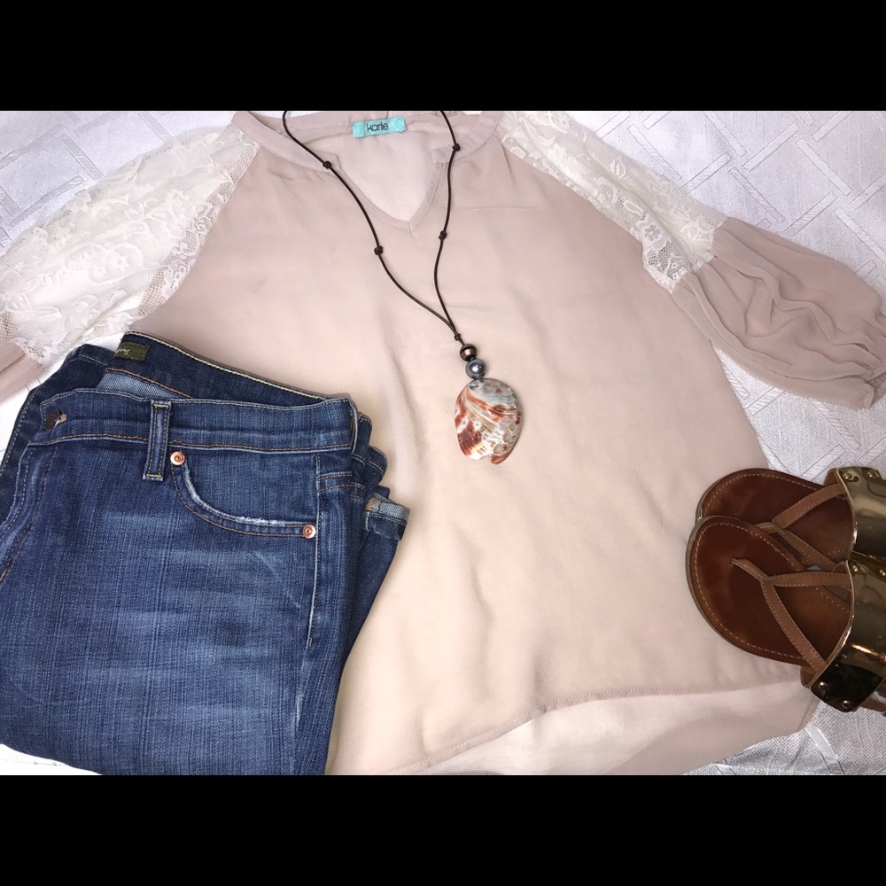 Karlie Top -Sheer, Lace Bell Sleeves