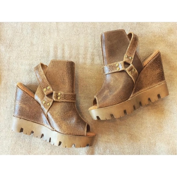 Anthropologie Shoes - Distressed Harness Detail Peep Toe Wedge