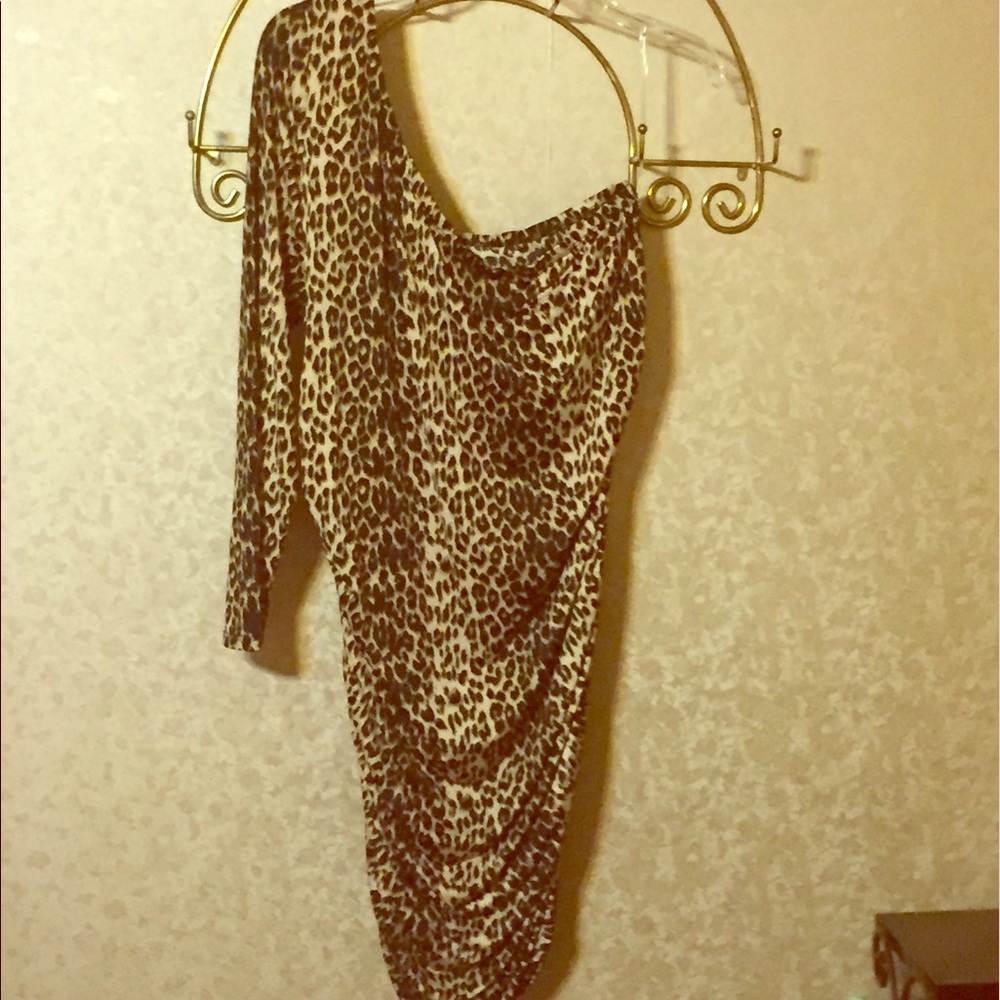 cheetah print, one shoulder dress with rouching.