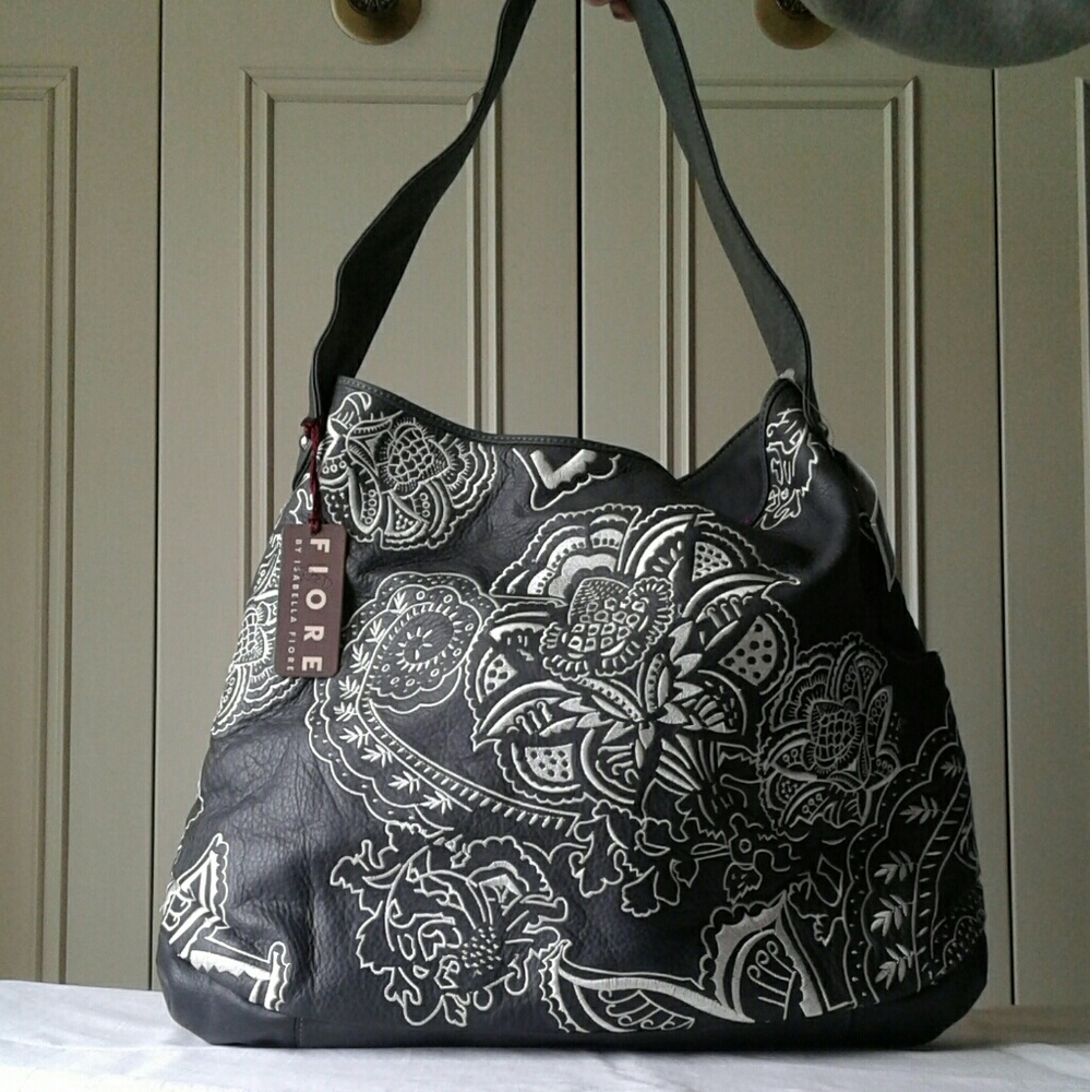 NWT ISABELLA FIORE Gray Embroidered BOHO Bag