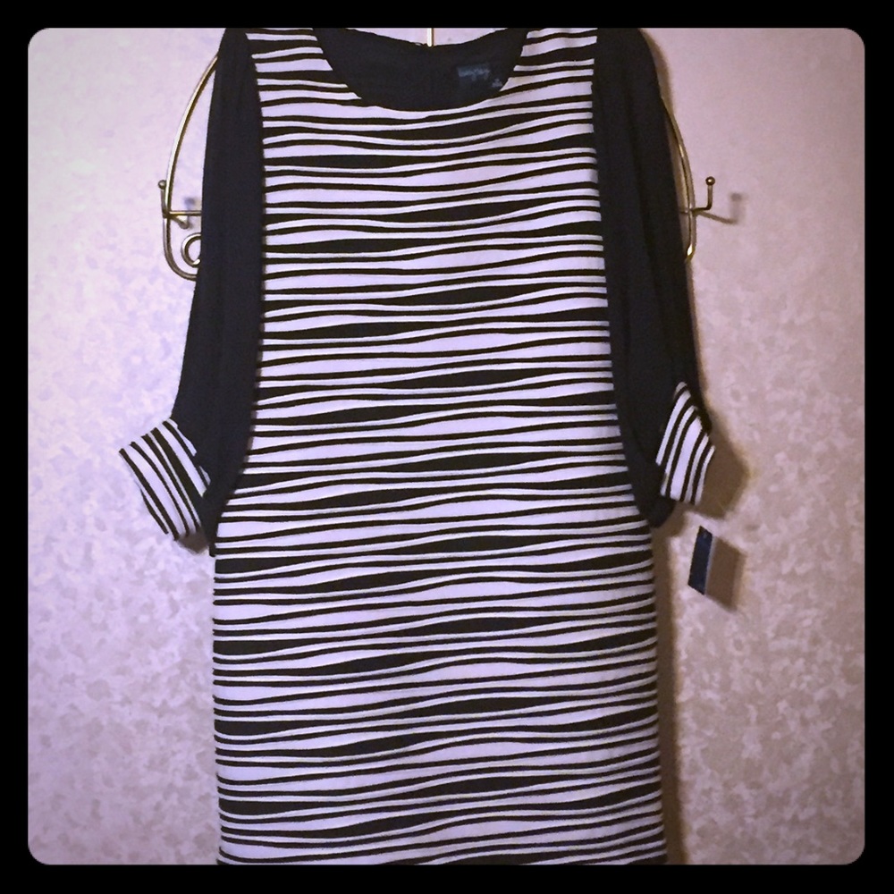 Black and beige chiffon sleeve dress.